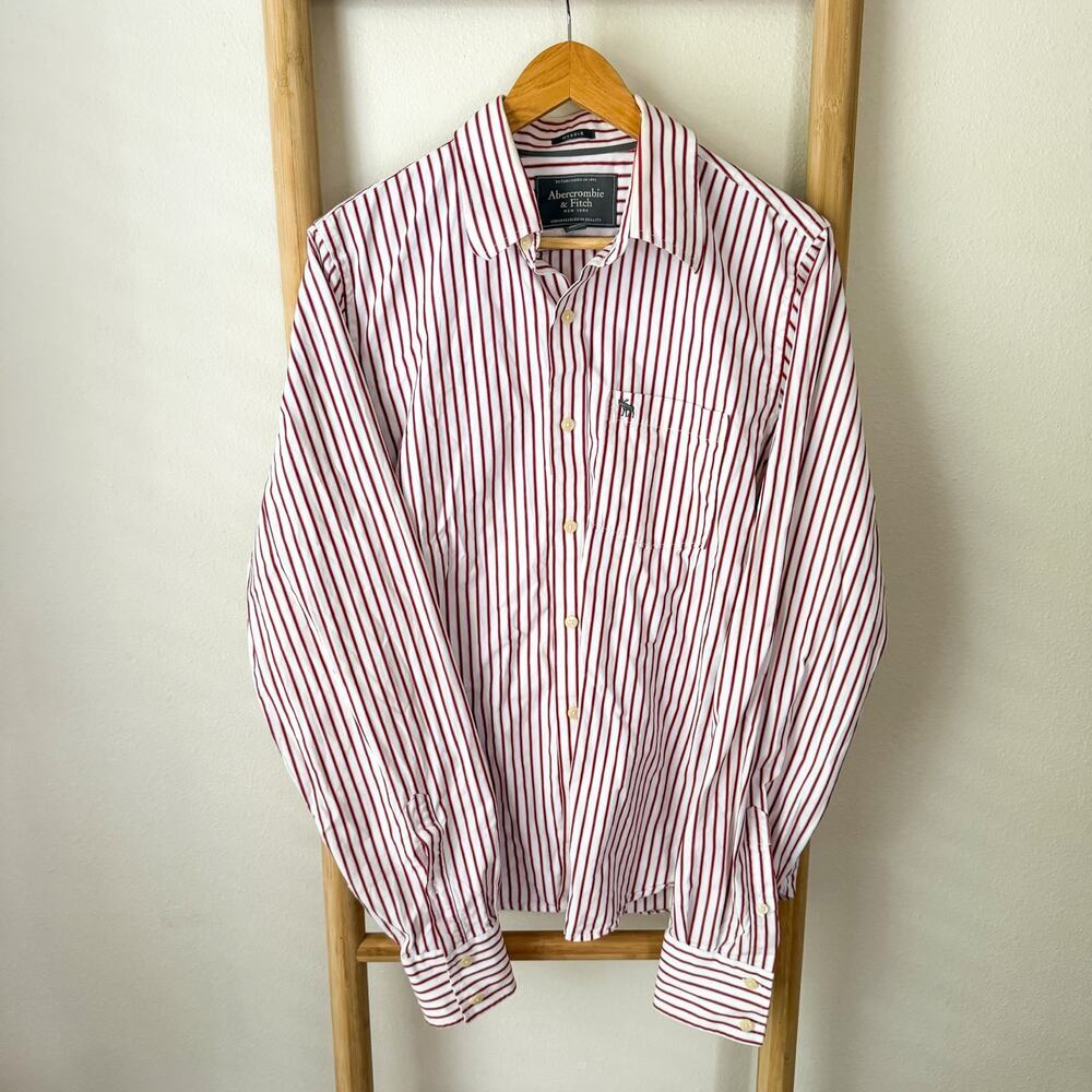 Abercrombie Fitch Red Stripe Button Up Shirt Mens Large Cotton Muscle Fit